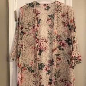 Sheer tan and burgundy floral kimono